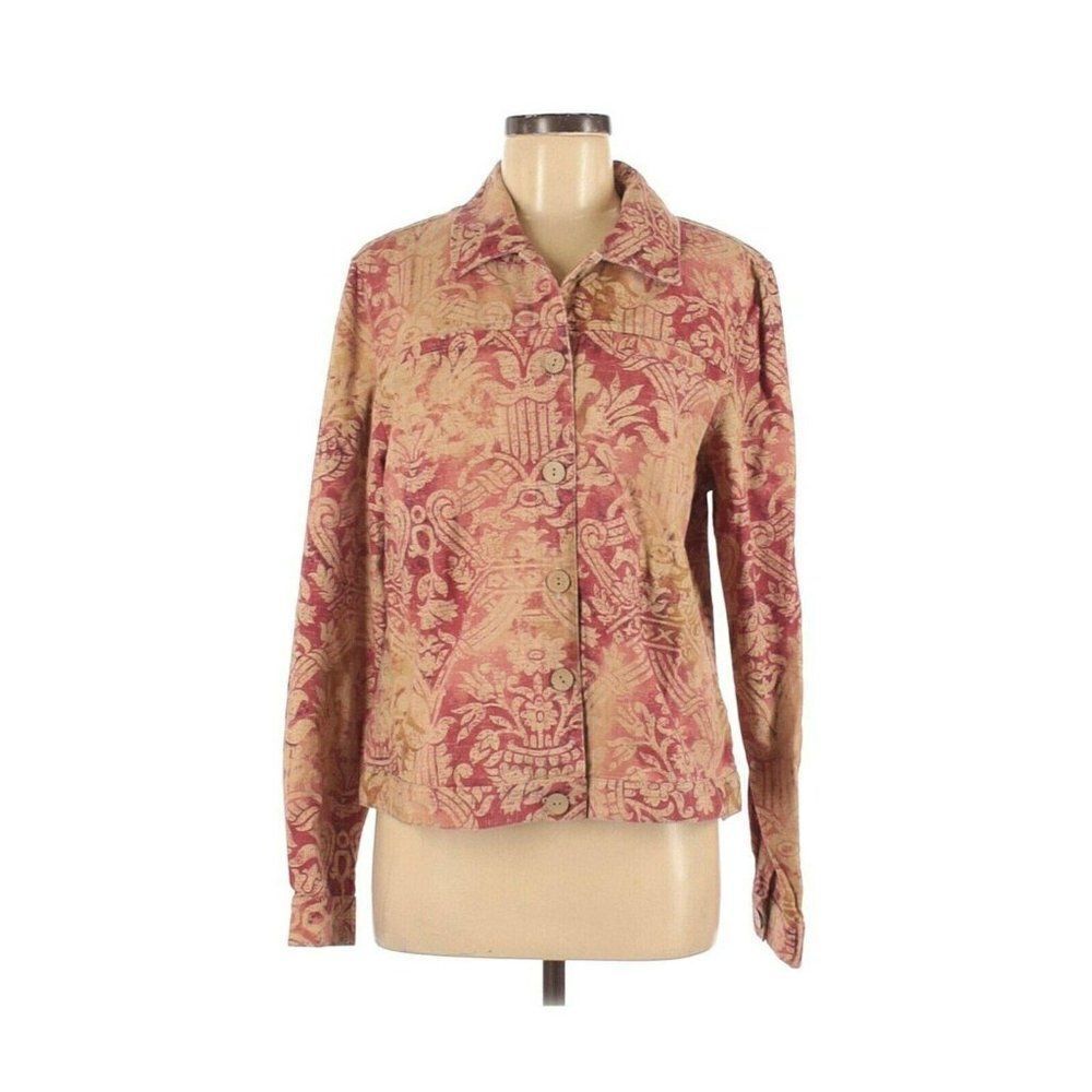 Coldwater Creek Womens M Aztec Block Print Denim Jacket 10-12 New Red Gold